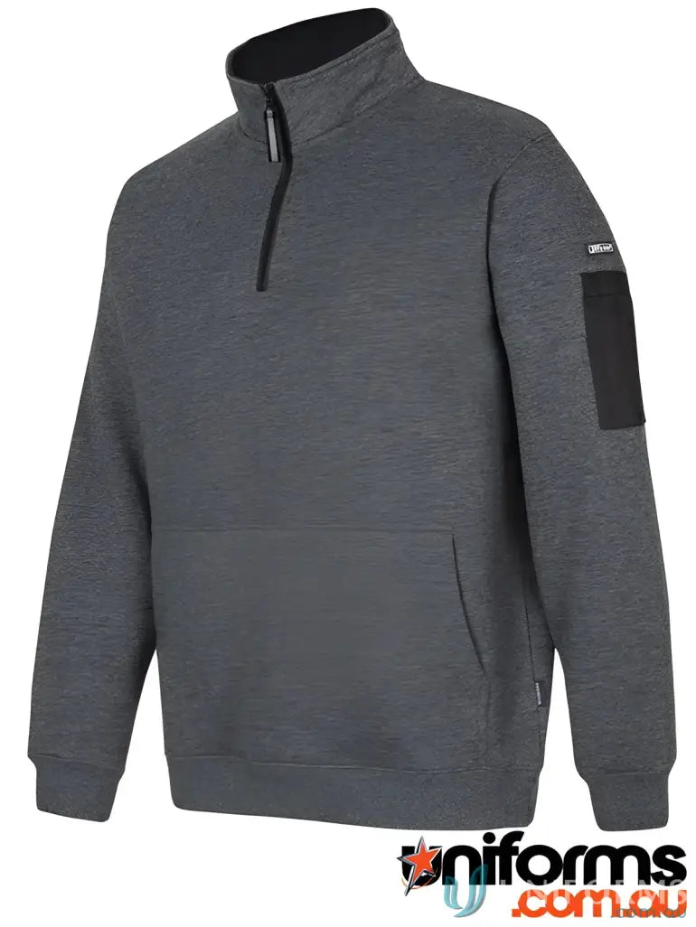 Gray quarter-zip fleece hoodie from Premium Trade Half Zip Fleece, a classic fit fleece work hoodie