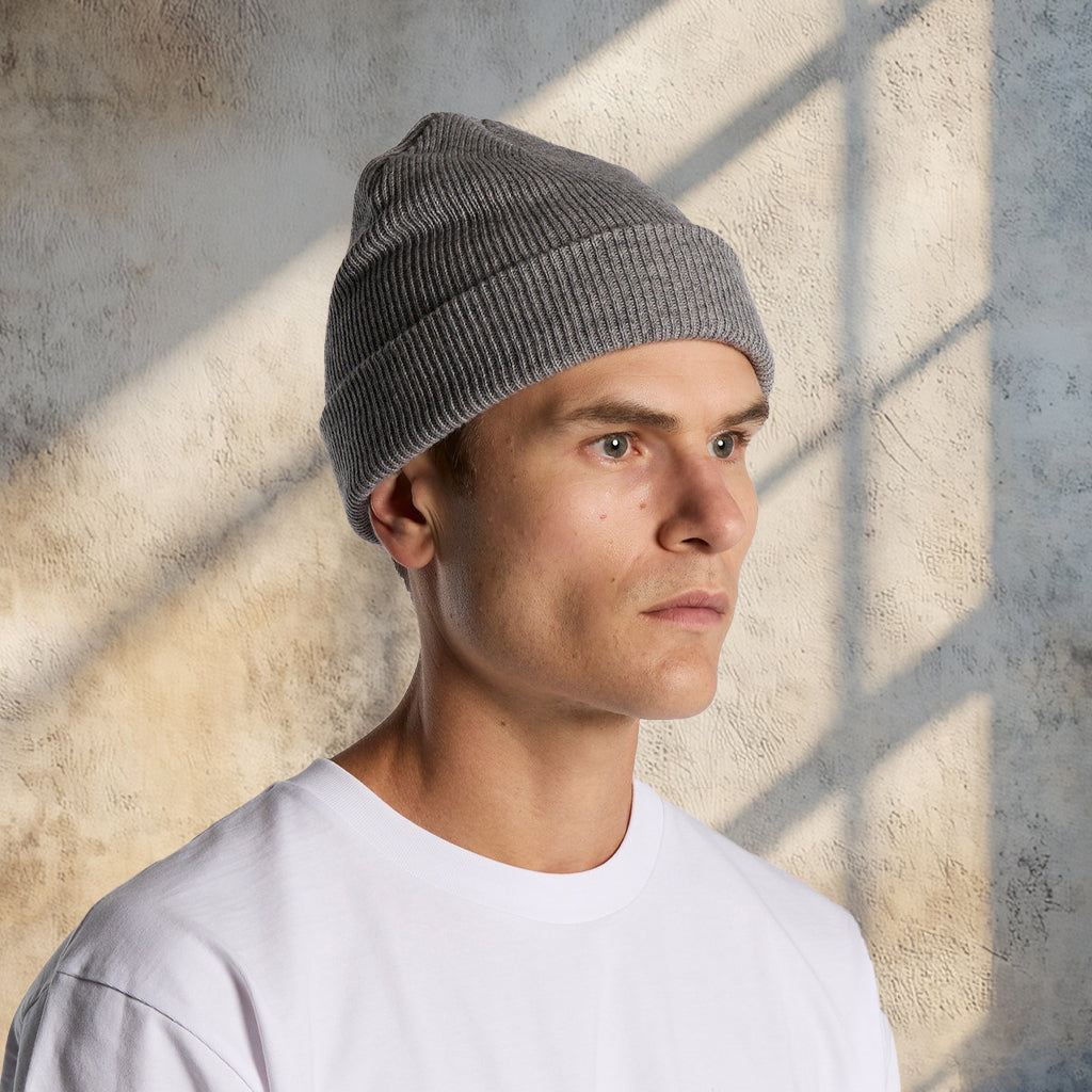 Gray ribbed knit beanie in wool acrylic blend with cuffed hem