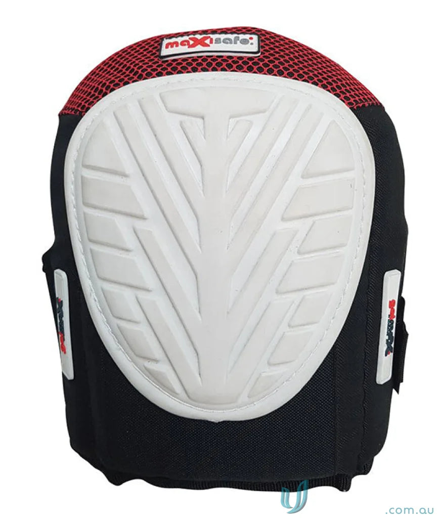 Black and red knee pad with white protector for workwear and cap prevents injuries