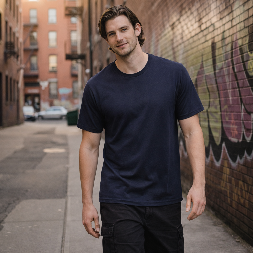 Navy blue crew neck Promo Unisex Tee budget unisex tee front view