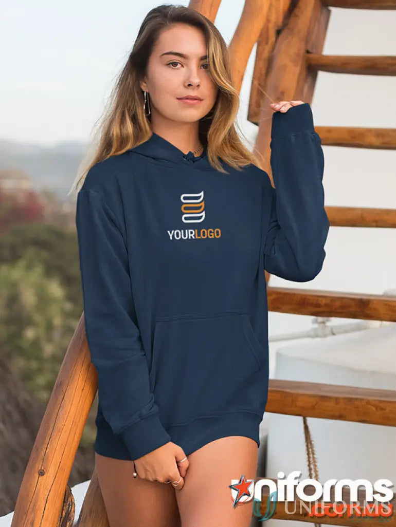 Navy blue hoodie for uniforms and workwear, price includes MOQ 100 printed unisex hoodie