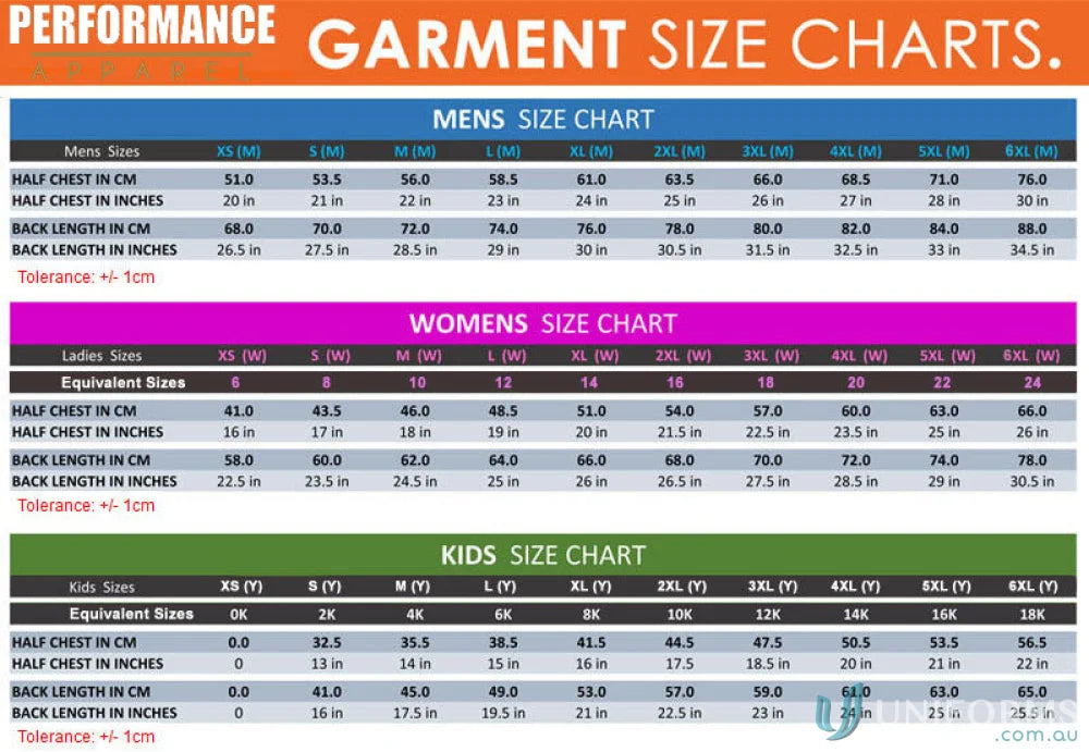 Garment size charts for men women and kids on PS102 Custom Polo made with sublimated sports fabric