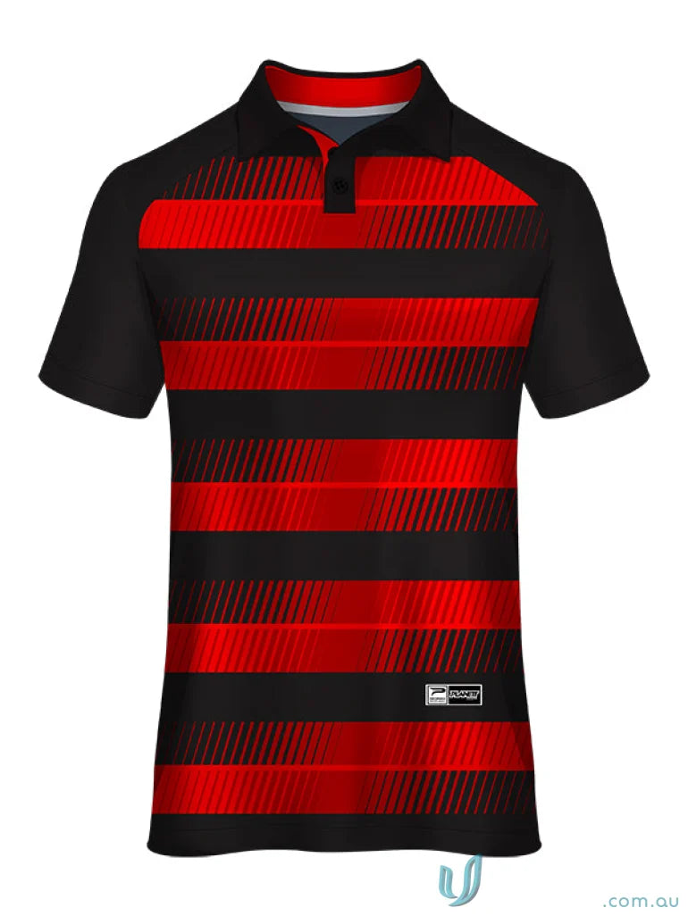 Red and black striped polo shirt from PS102 Custom Polo made with sublimated sports fabric
