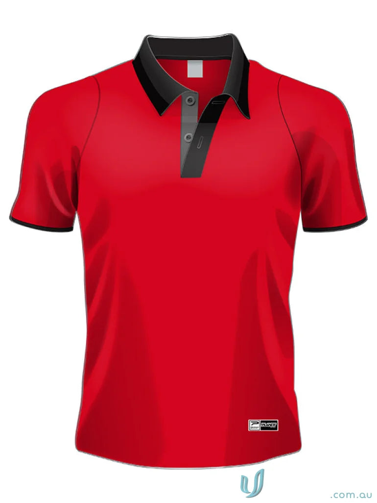 Red polo shirt with black trim from PS105 Custom Polo, made with sports fabric for sublimated garments brings
