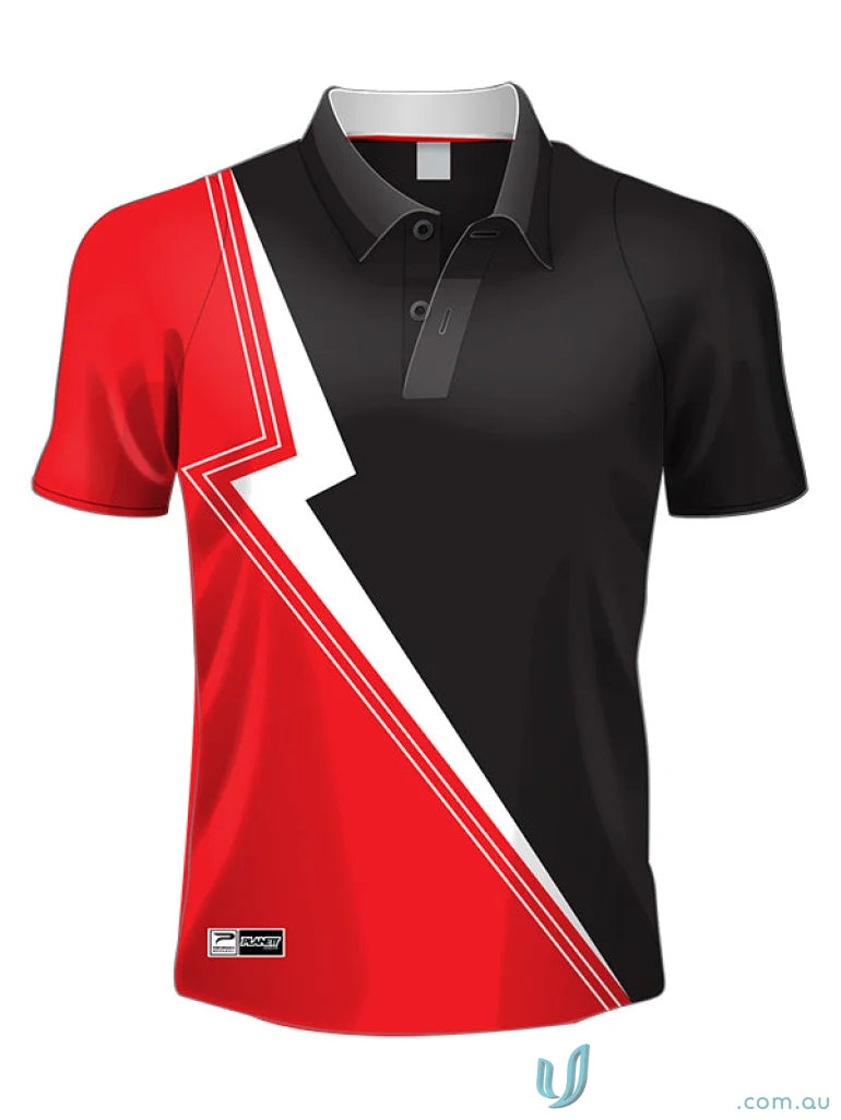 Red and black polo shirt from PS107 Custom Polo made with sublimated sports fabric