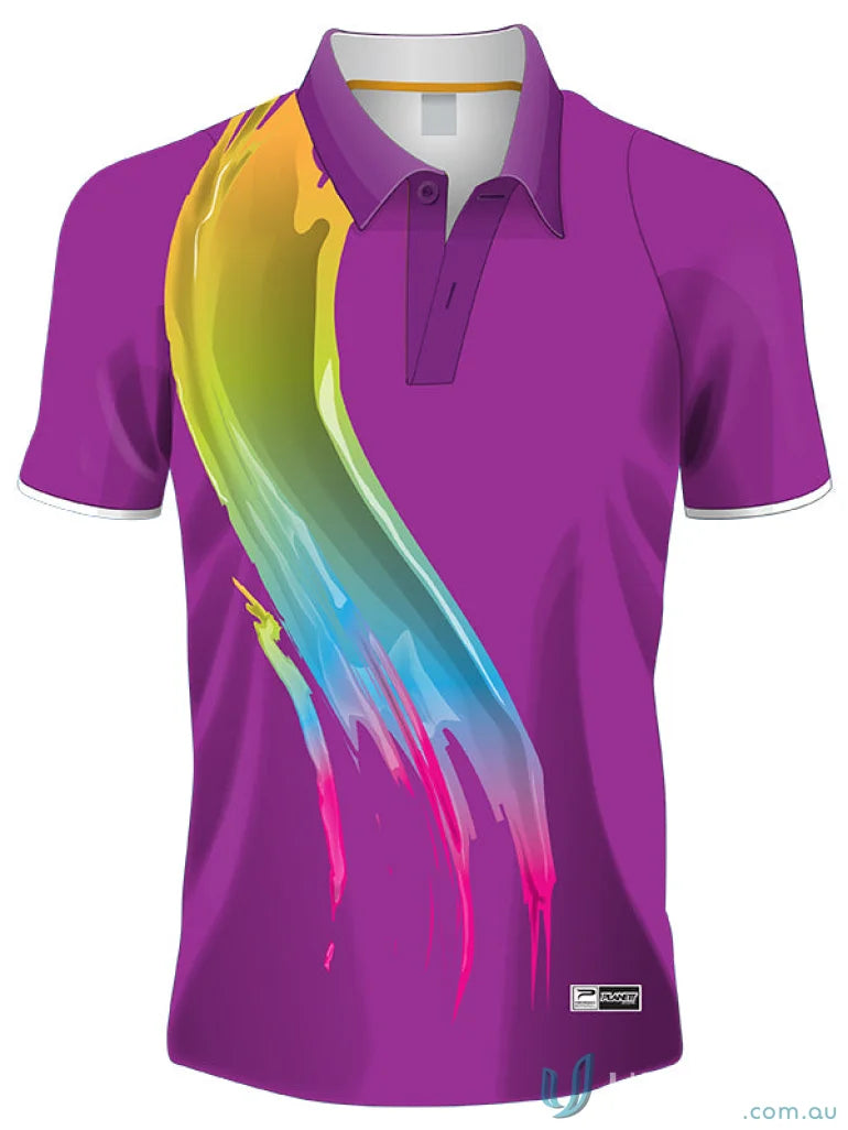 Purple custom made sublimated polo shirt with colorful paint streaks, perfect for sports fabric free set