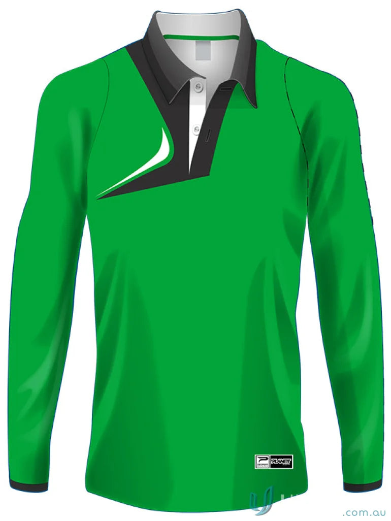 Green long-sleeved polo shirt in PS113L Custom LS Polo made with sublimated sports fabric