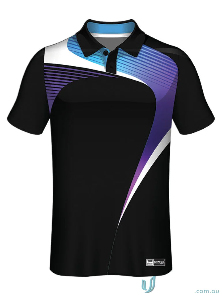 Black polo shirt with abstract design from PS115 Custom Polo, made of sports fabric