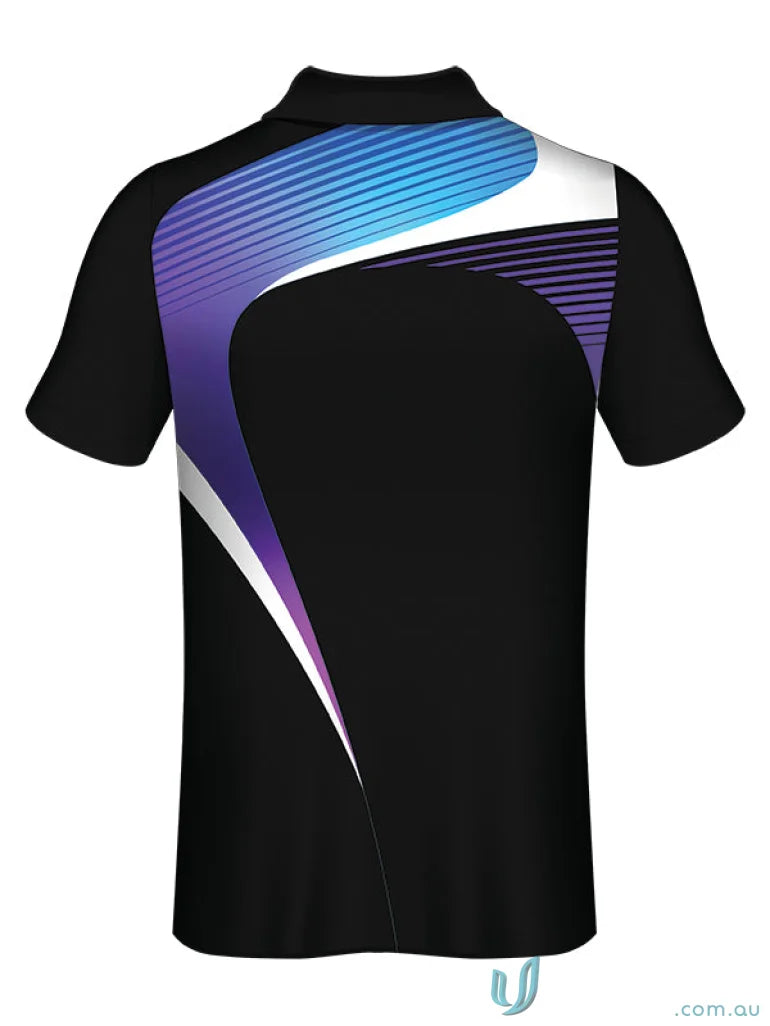 Black polo shirt with colorful accents from PS115 Custom Polo, made with sublimated sports fabric