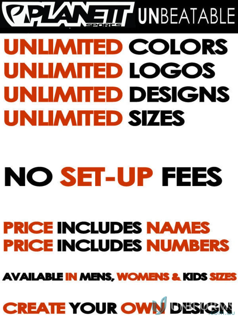 Promotional ad for Planet Sports PS117 Custom Polo with unlimited logos and custom uniforms