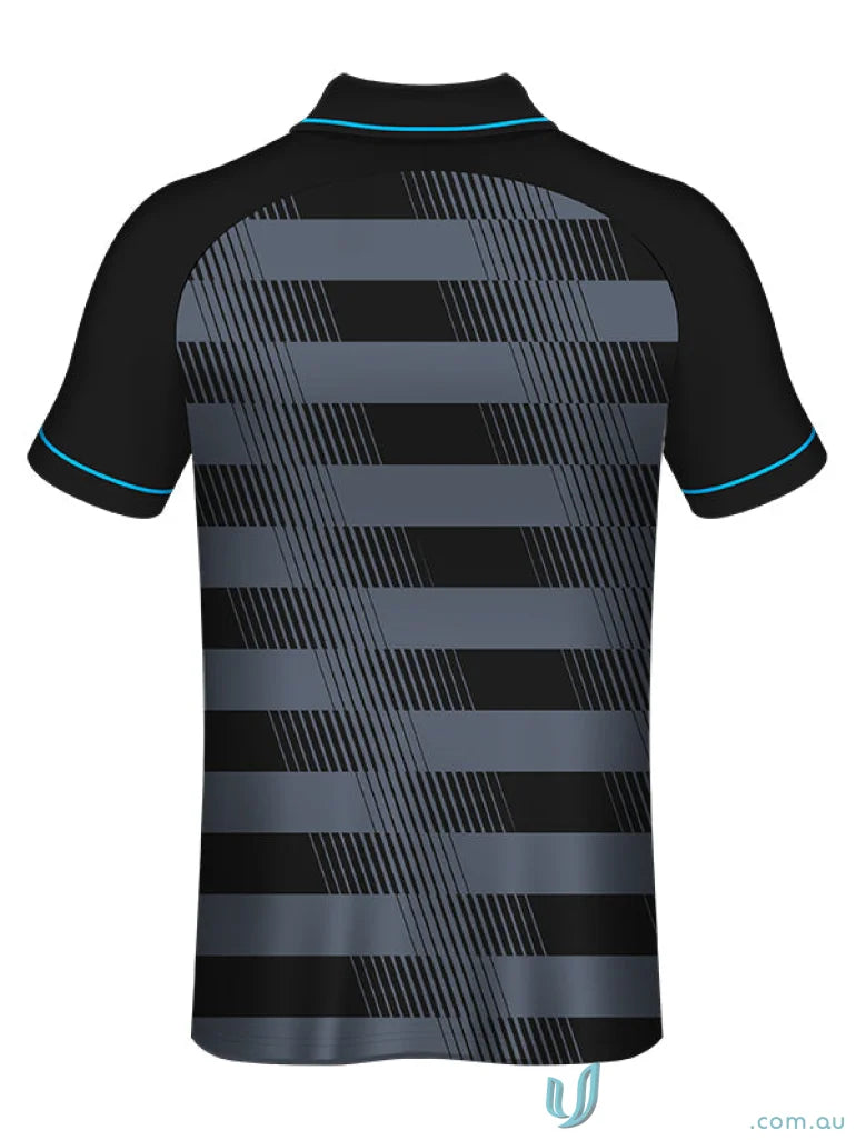 Black and gray striped polo shirt from PS140 Custom Polo, perfect for custom made sublimated garments on sports fabric