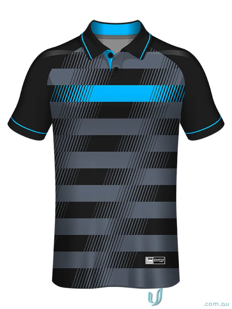 Black and gray striped polo shirt from PS140 Custom Polo made with sports fabric