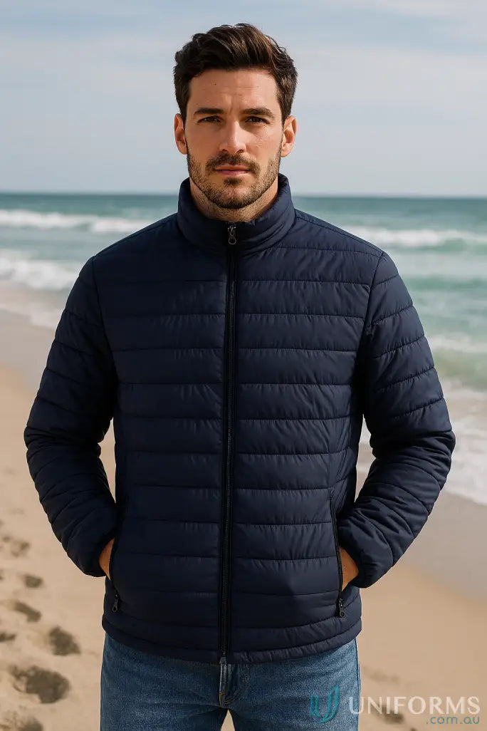 Men’s navy blue puffer jacket perfect for workwear and uniforms with high collar and zipper