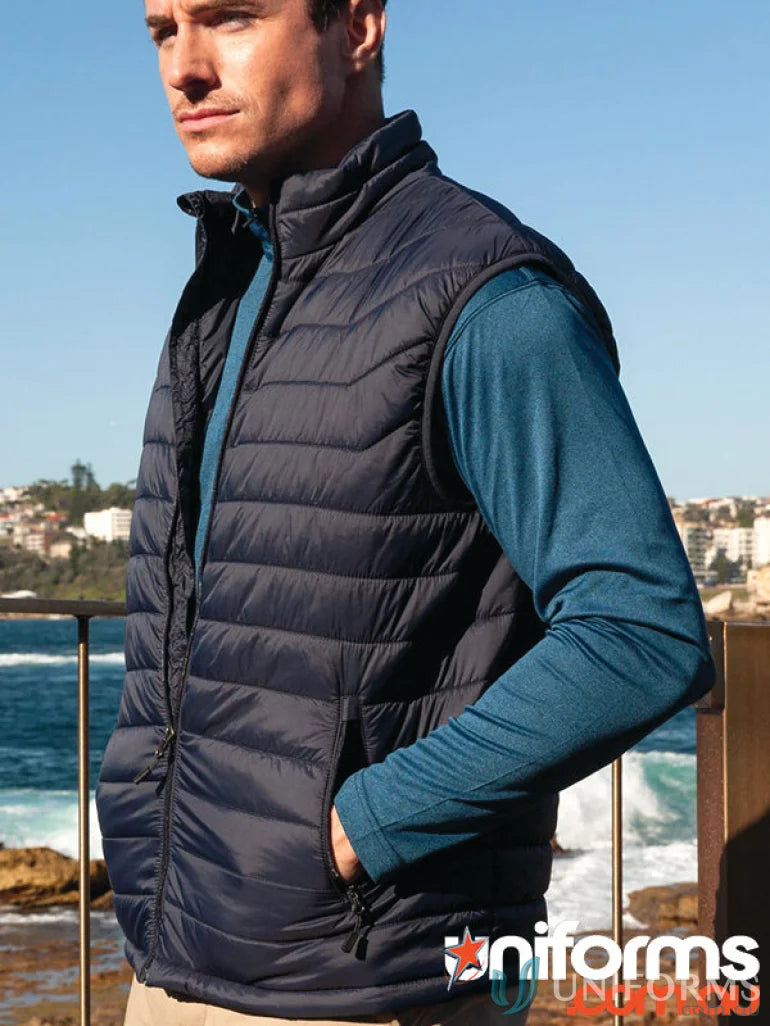Navy blue quilted puffer vest perfect for workwear and uniforms
