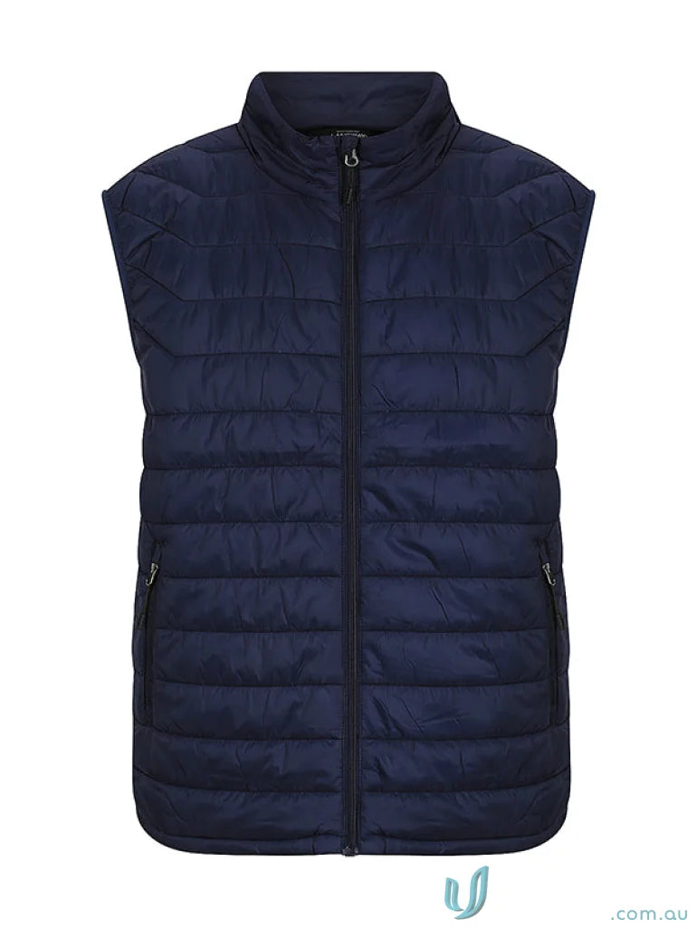 Navy blue quilted puffer vest perfect for workwear or uniforms style