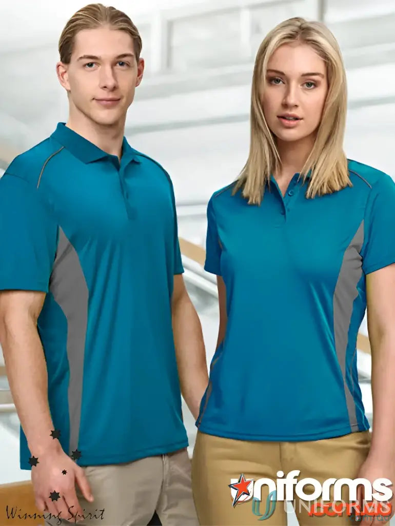 Matching teal and gray Winning Spirit Pursuit Polo shirts in breathable mesh fabric