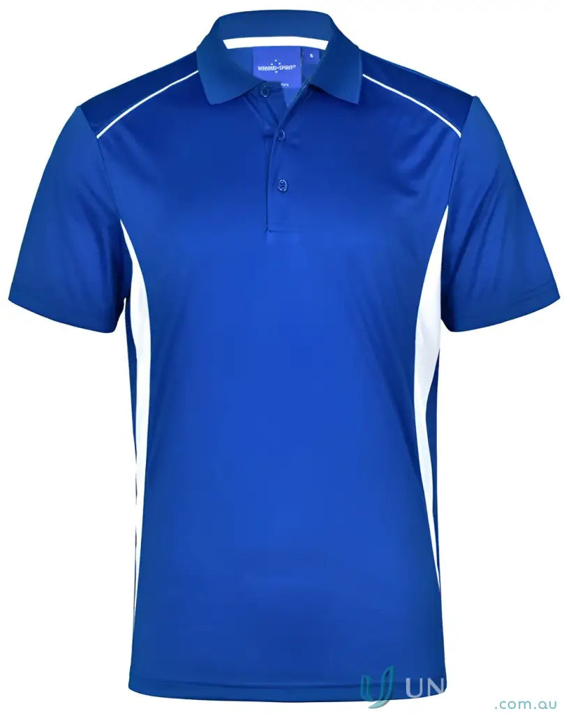 Blue and white short-sleeved Winning Spirit Pursuit Polo in breathable mesh fabric