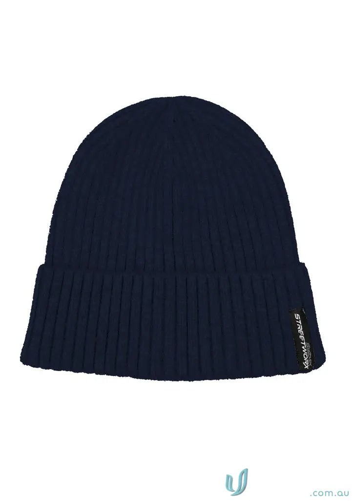 Dark blue streetworx beanie with ribbed knit and folded cuff to stay warm during temperature drops