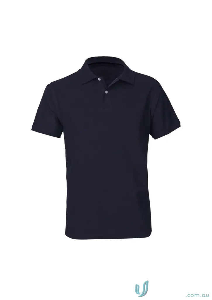 Dark blue QE EMB Polo with classic styling, neon short sleeve, and white button placket