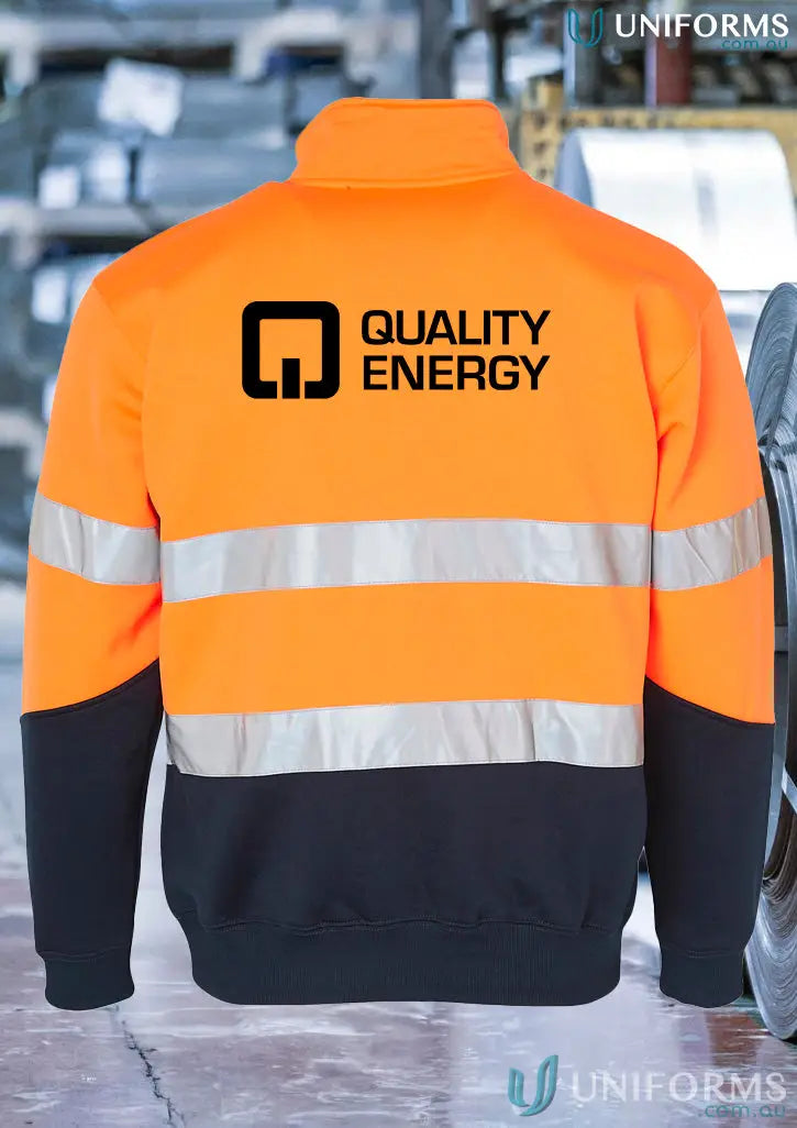 Orange and black hiviz fleecy hi-vis long sleeve jumper with reflective stripes for safety