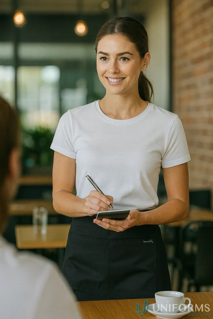 Female waitress in white shirt and black apron with built-in bottle opener divider