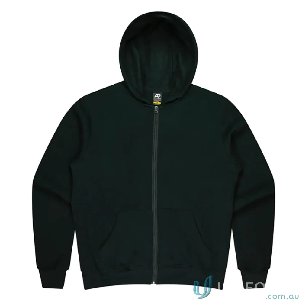 Dark green Queenscliff zip-up hoodie perfect for kids’ uniforms and workwear enthusiasts