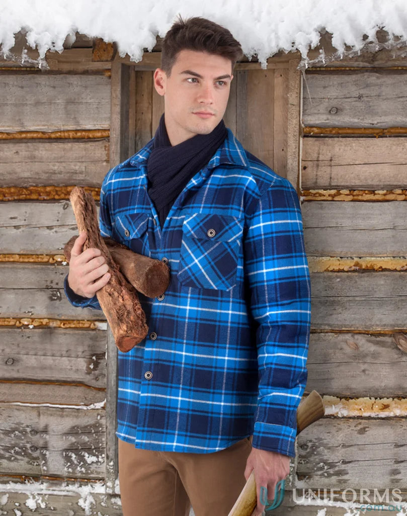 Blue plaid quilted flannel jacket shirt-style jacket for a unisex look