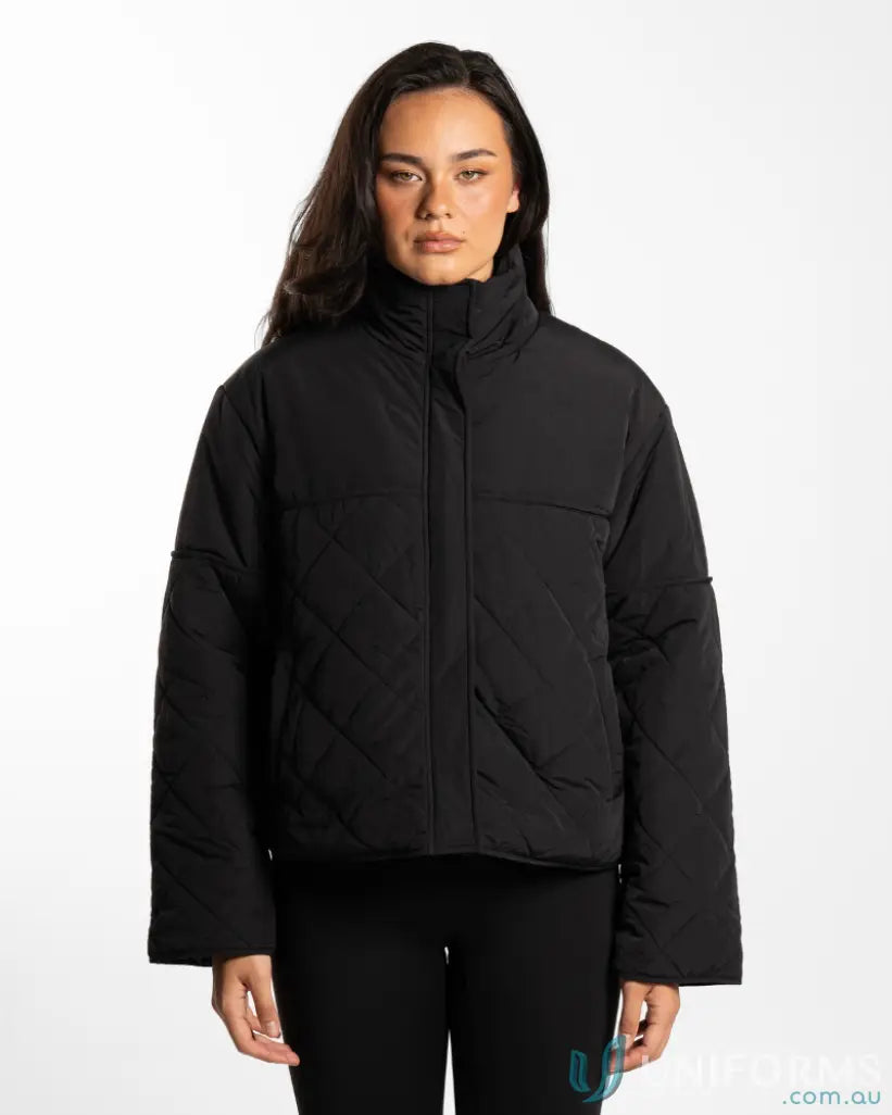 Black quilted puffer jacket with high stand-up collar and internal zip pocket