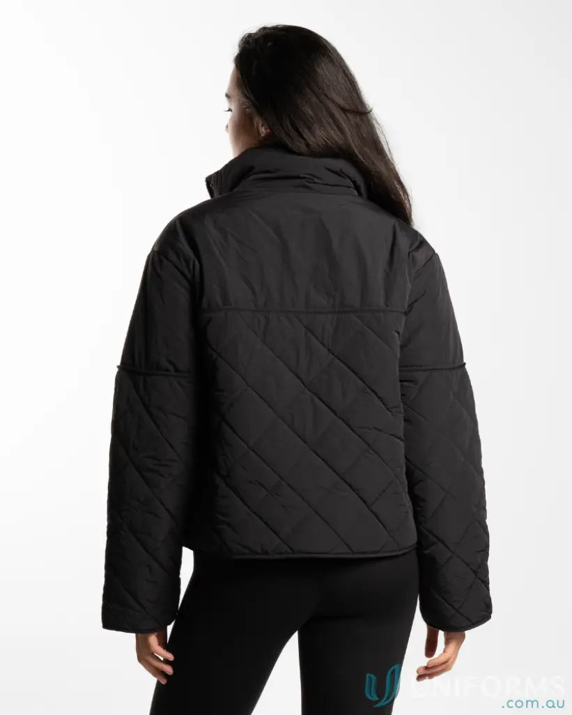 Black quilted puffer jacket with high stand-up collar and internal zip pocket