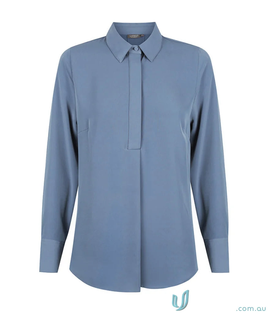 Blue long-sleeved collared blouse from Quinn LS Soft Top perfect for uniforms