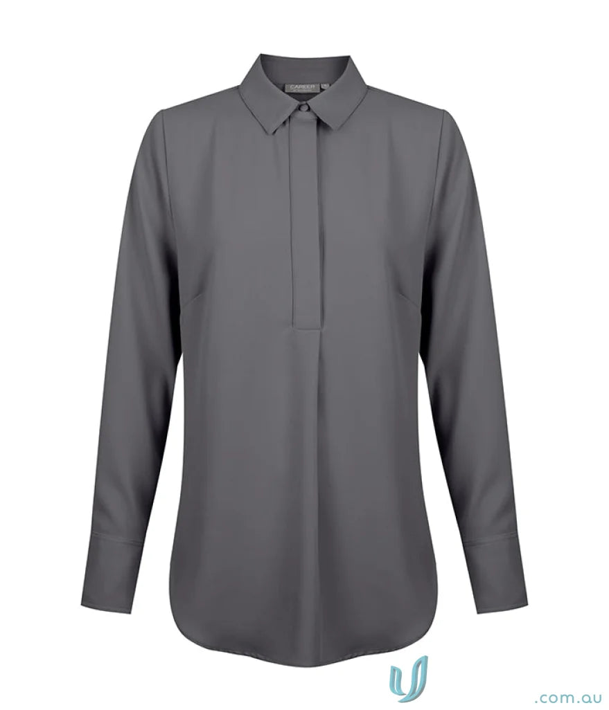 Gray long-sleeved collared blouse from Quinn LS Soft Top perfect for uniforms