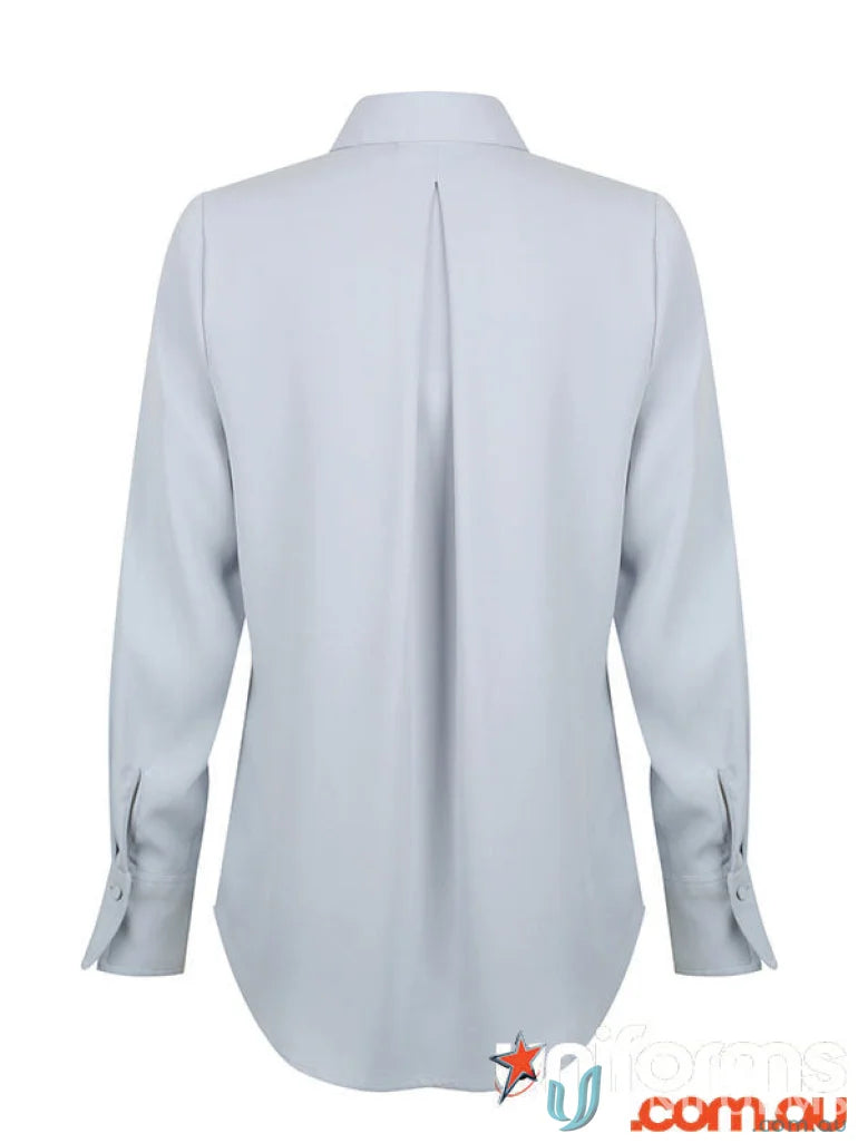Light blue long-sleeved Quinn soft top blouse perfect for uniforms