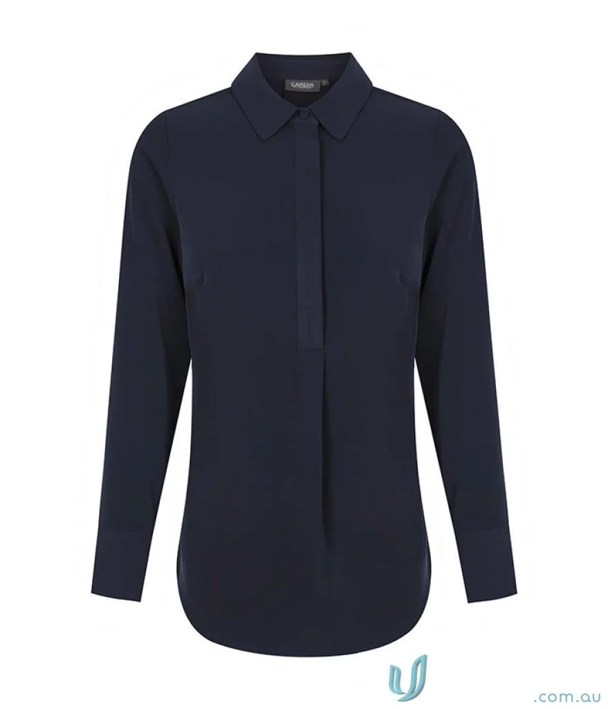 Navy blue long-sleeved collared Quinn Soft Top perfect for uniforms
