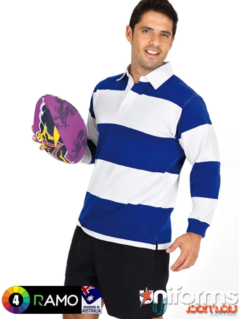 Man in Ramo Rugby Jumper holding football, stylish workwear for casual uniforms