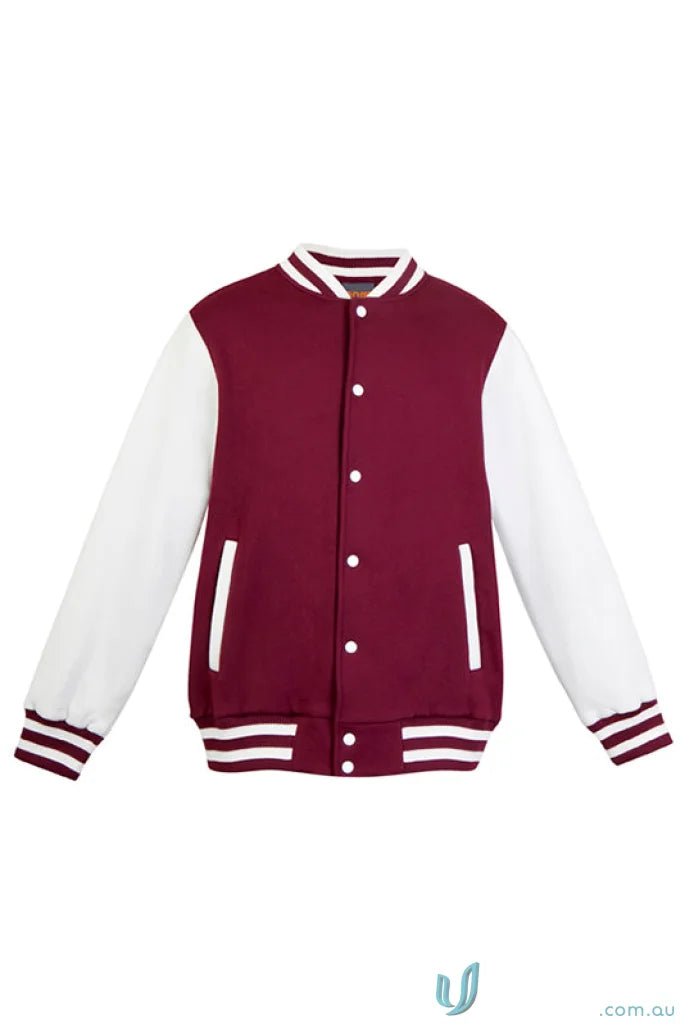 Maroon and white varsity jacket perfect for uniforms or workwear - Ramo Varsity Jacket