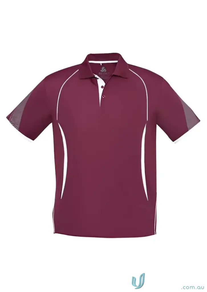 Maroon razorpolo polo shirt with white accents from Biz Collection p405ms for a stylish look