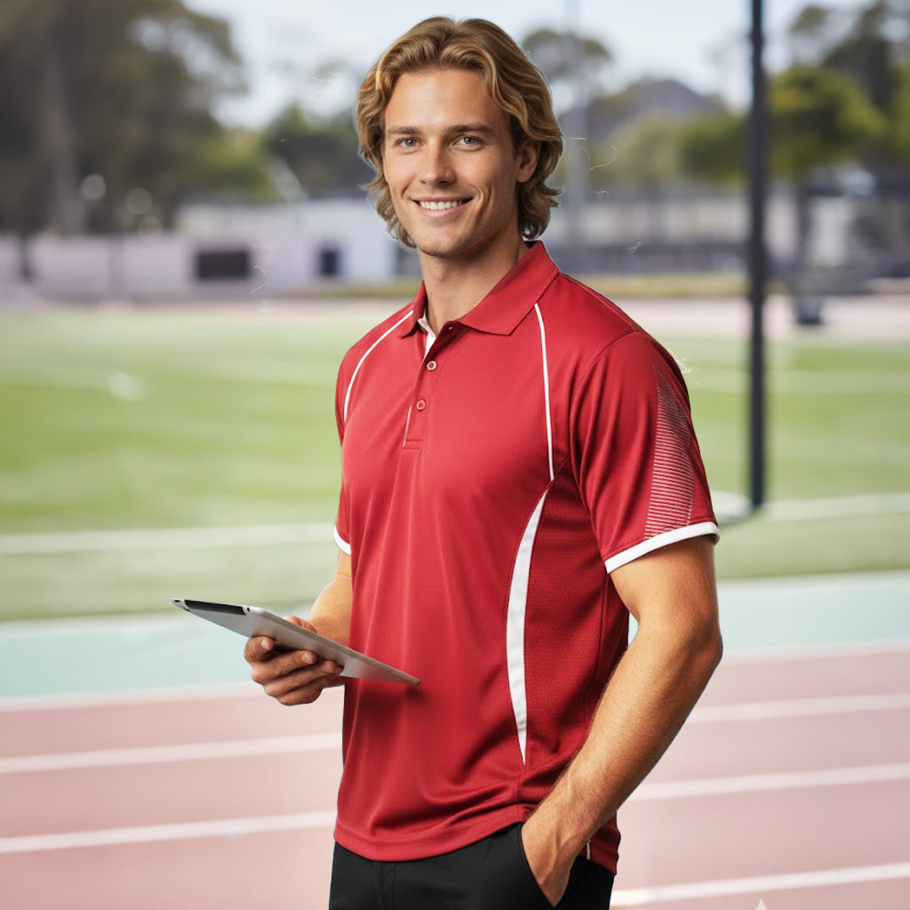 Red Razor Polo shirt with white piping, mesh sleeves, Biz Collection p405ms
