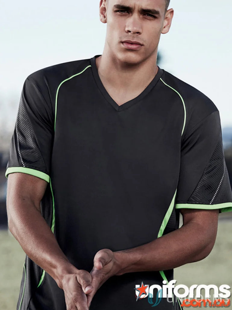 Black and green Razor Tee men’s razor short with self-fabric v-neck band for gym flex