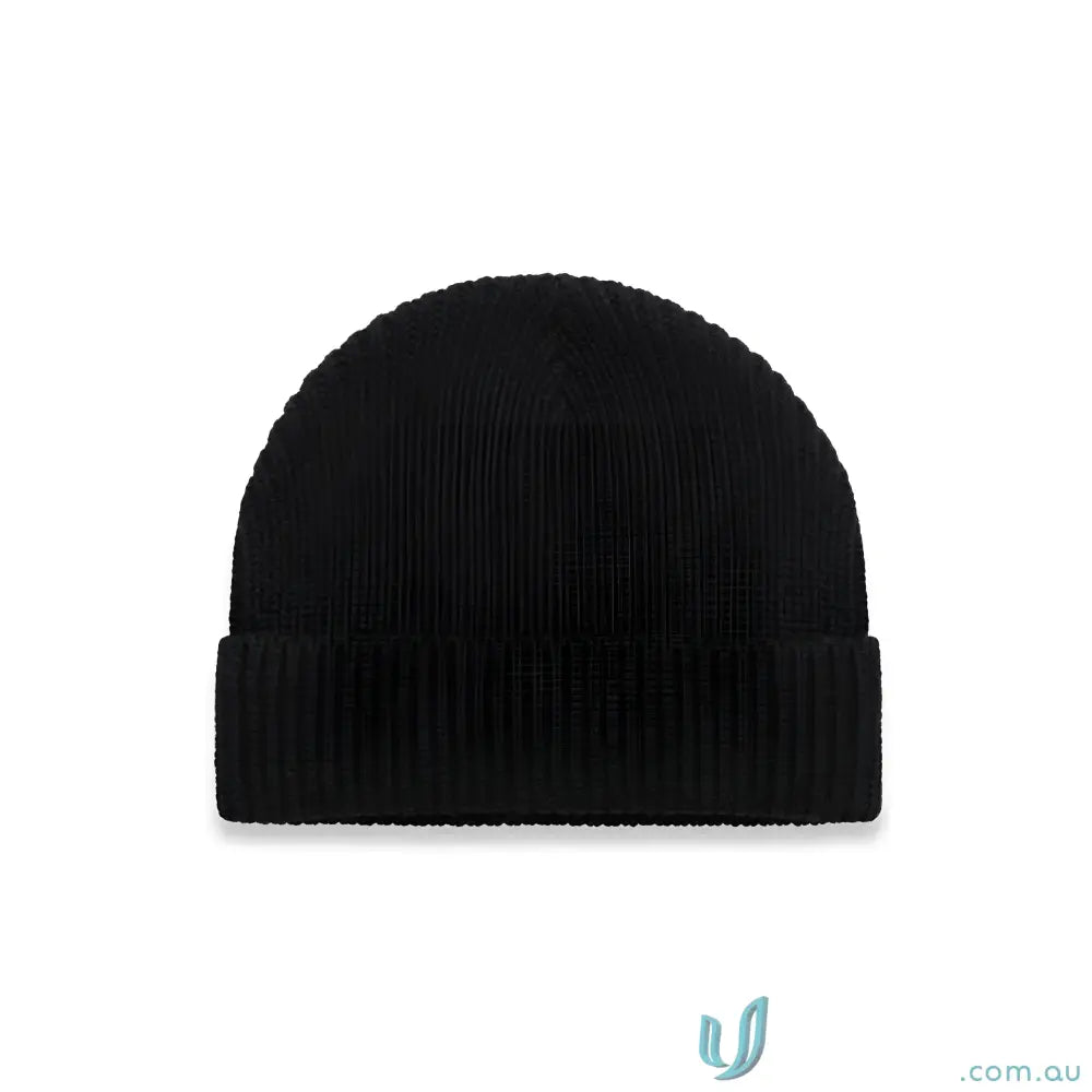 Black gauge beanie with ribbed knit style made from recycled wool blend