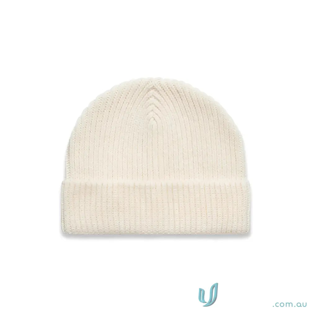 Cream-colored gauge beanie with ribbed knit design made from recycled wool