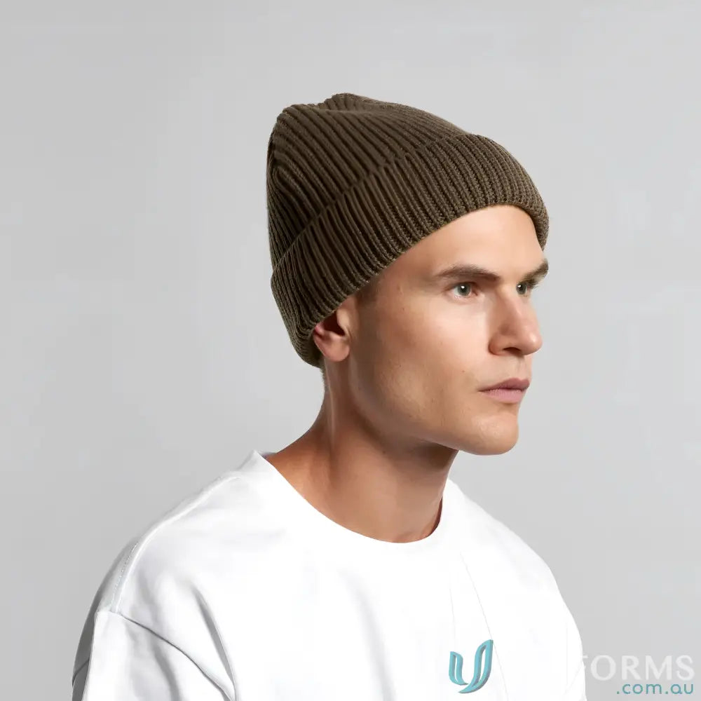 Olive green recycled wool blend ribbed knit Gauge Beanie with cuffed hem