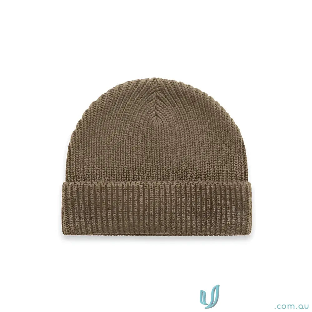 Olive green recycled wool ribbed knit Gauge Beanie with cuffed hem