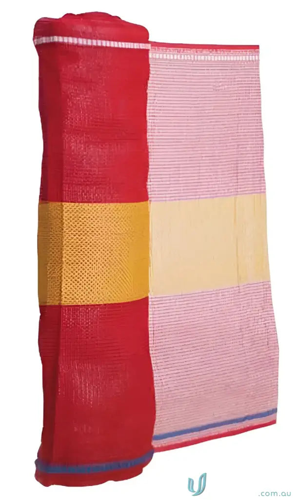 Rolled red and yellow mesh bag for onion barrier, perfect for work uniforms or workwear