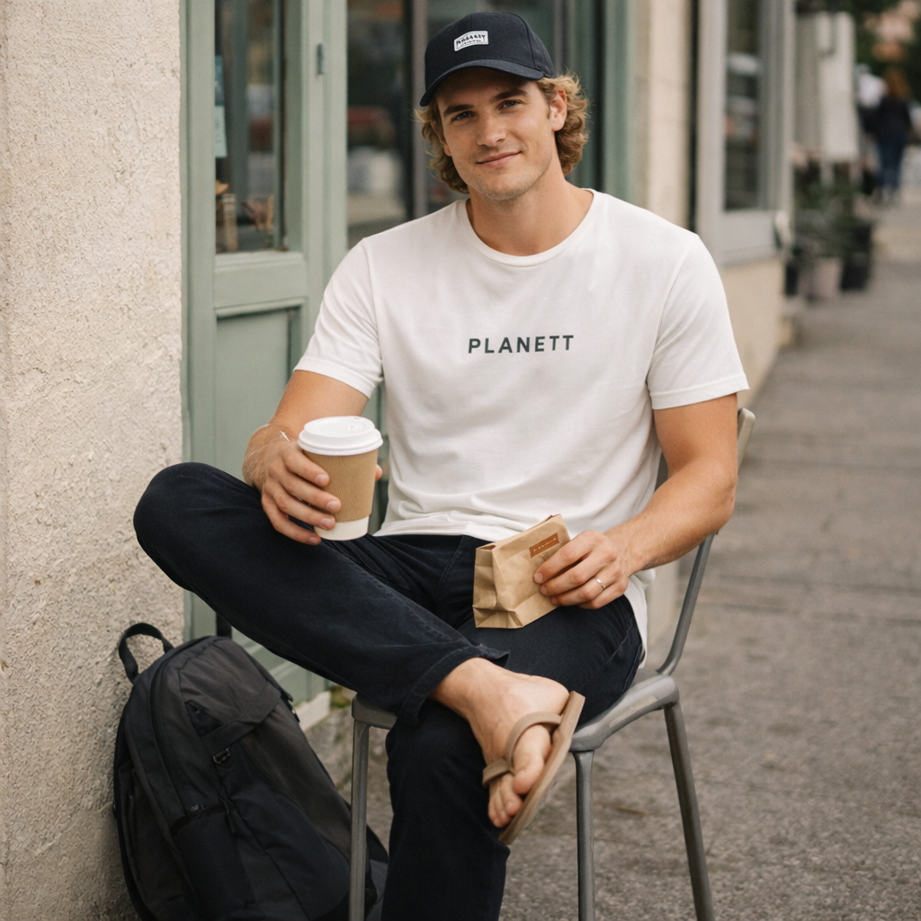 White cotton Redro Tee with black planett text across the chest ideal for casual workwear or uniforms