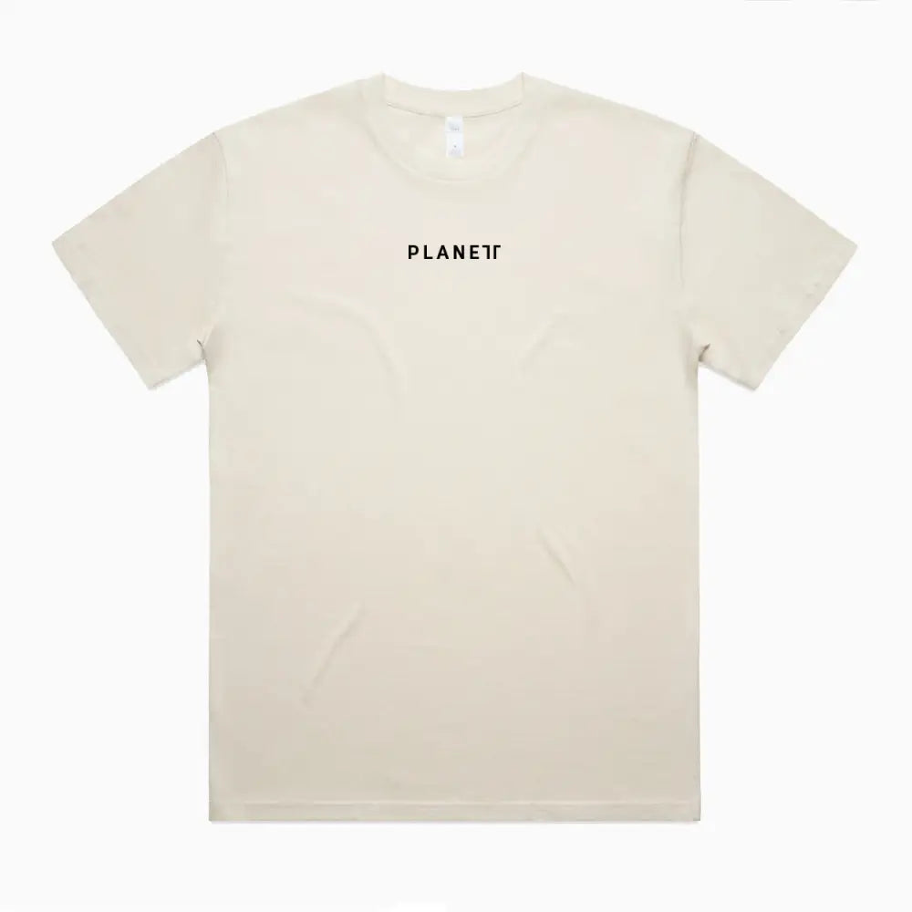 Beige short-sleeved redro tee with minimalist black planet logo, perfect for casual workwear and modern work uniforms