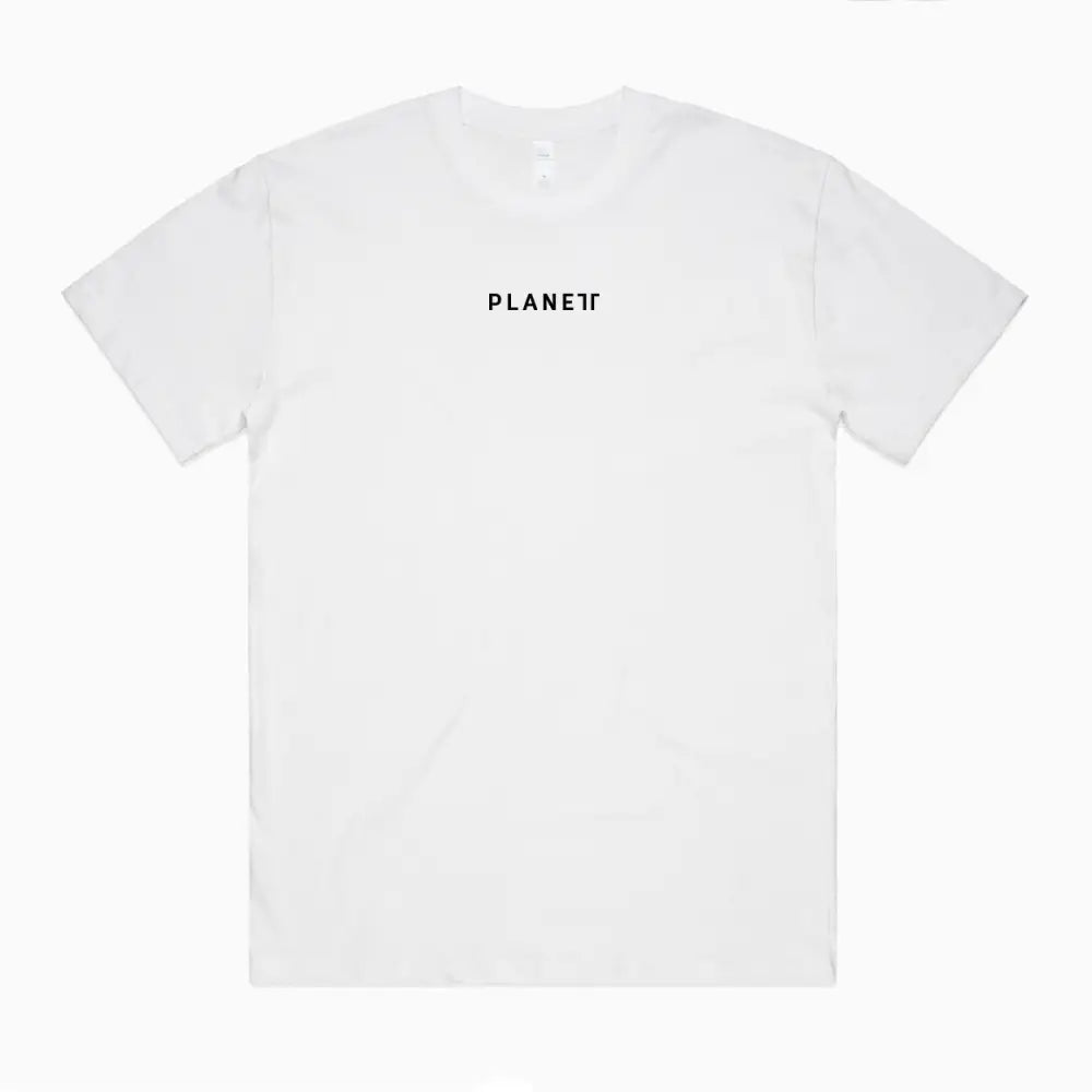 White short-sleeved redro tee with minimalist black planet logo perfect for casual uniforms and workwear
