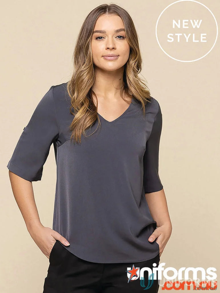 Gray V-neck blouse from Reese-V Neck-Top, perfect for stylish work uniforms or workwear