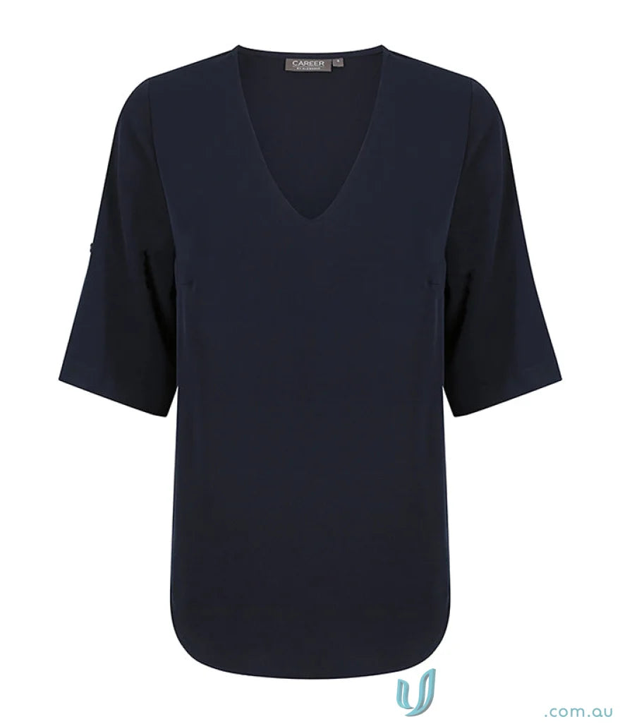 Navy V-neck blouse with short sleeves, perfect for workwear or uniforms like Reese-V Neck-Top