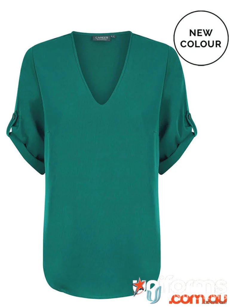 Green V-neck blouse with rolled sleeves from Reese-V Neck-Top perfect for work uniforms