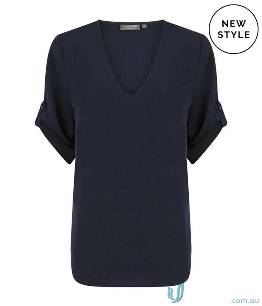Reese V Neck Top navy blouse with cuffed sleeves perfect for workwear uniforms